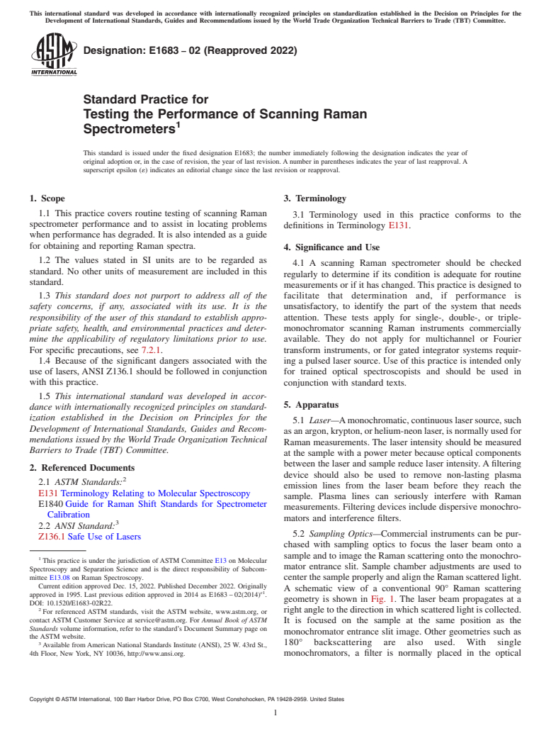 ASTM E1683-02(2022) - Standard Practice for Testing the Performance of Scanning Raman Spectrometers