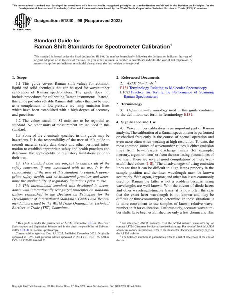 ASTM E1840-96(2022) - Standard Guide for Raman Shift Standards for Spectrometer Calibration