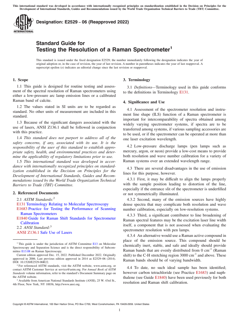 ASTM E2529-06(2022) - Standard Guide for Testing the Resolution of a Raman Spectrometer