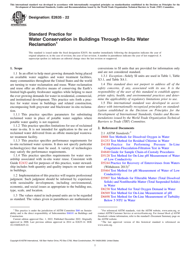 ASTM E2635-22 - Standard Practice for Water Conservation in Buildings Through In-Situ Water Reclamation