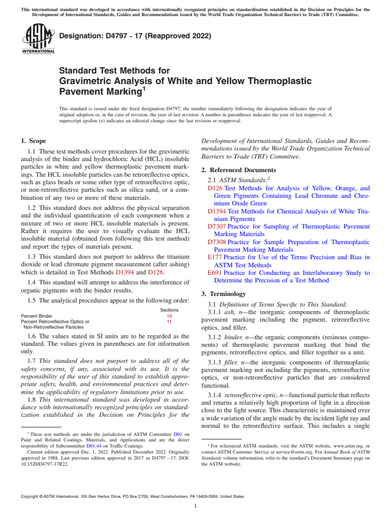 ASTM D4797-17(2022) - Standard Test Methods for Gravimetric Analysis of White and Yellow Thermoplastic      Pavement Marking