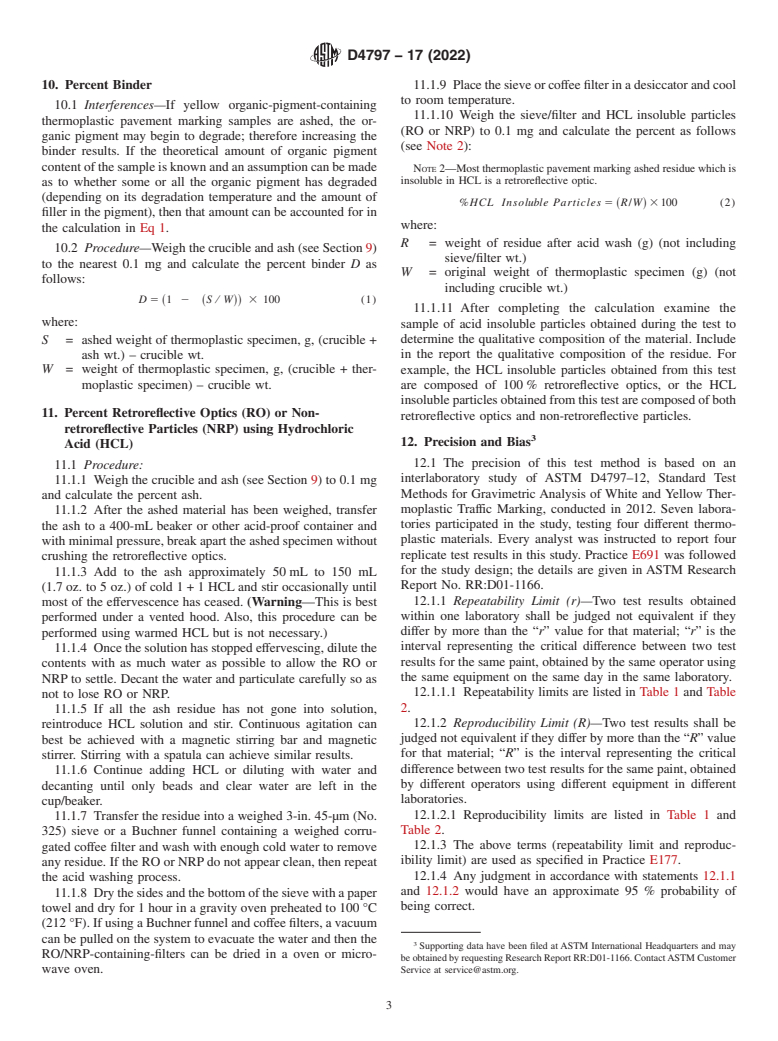 ASTM D4797-17(2022) - Standard Test Methods for Gravimetric Analysis of White and Yellow Thermoplastic      Pavement Marking