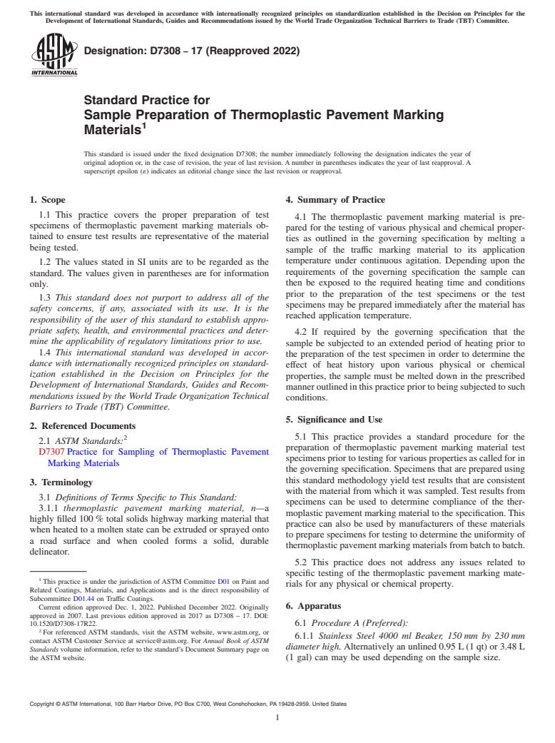 ASTM D7308-17(2022) - Standard Practice for Sample Preparation of Thermoplastic Pavement Marking Materials