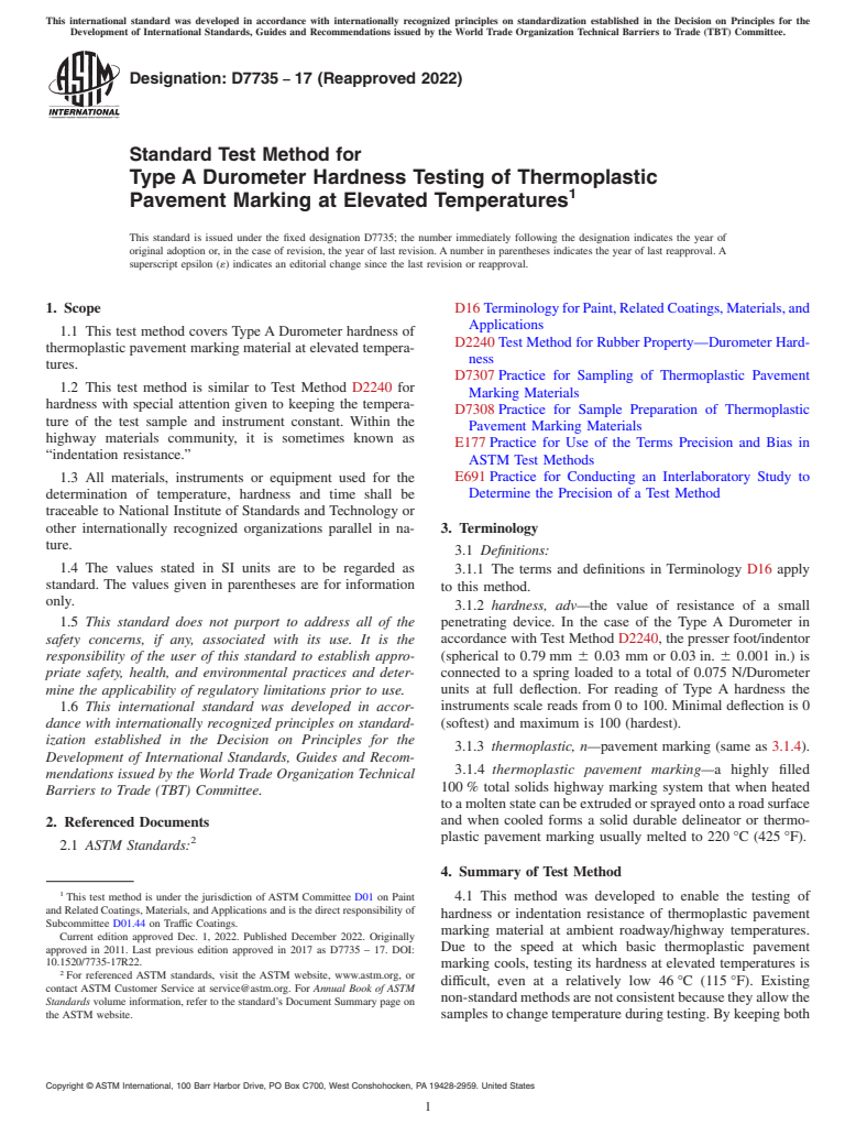 ASTM D7735-17(2022) - Standard Test Method for Type A Durometer Hardness Testing of Thermoplastic Pavement  Marking at Elevated Temperatures