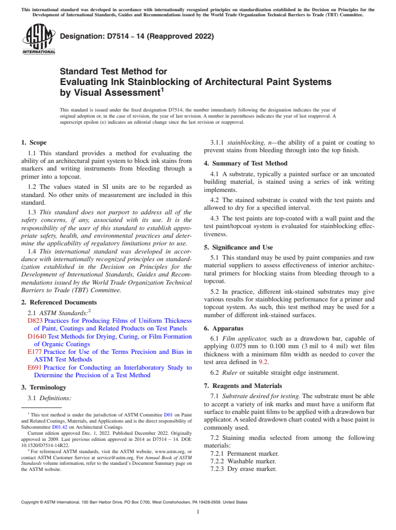 ASTM D7514-14(2022) - Standard Test Method for Evaluating Ink Stainblocking of Architectural Paint Systems   by Visual Assessment