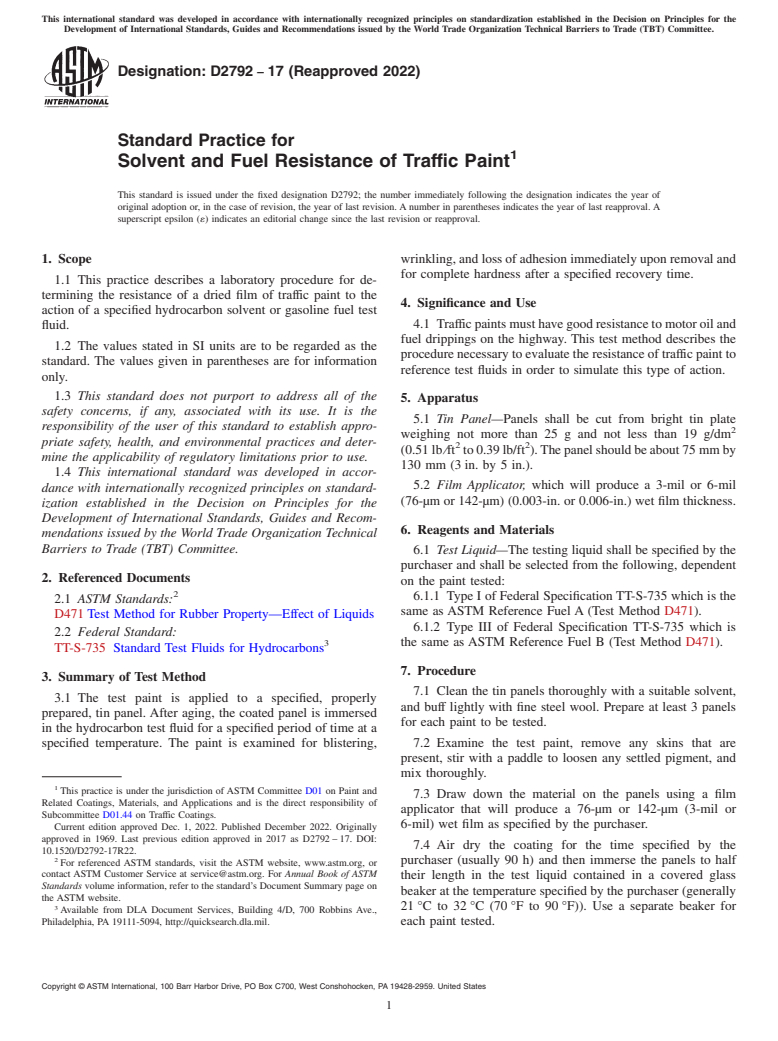 ASTM D2792-17(2022) - Standard Practice for Solvent and Fuel Resistance of Traffic Paint