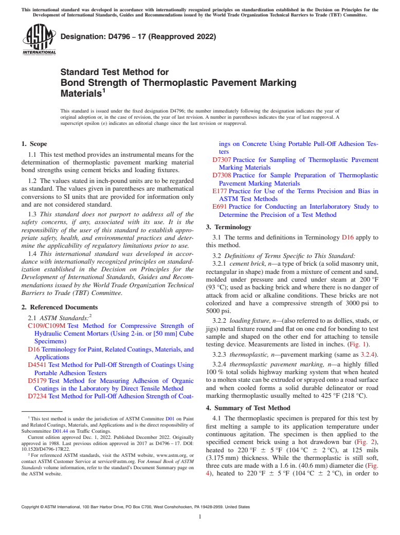 ASTM D4796-17(2022) - Standard Test Method for Bond Strength of Thermoplastic Pavement Marking Materials