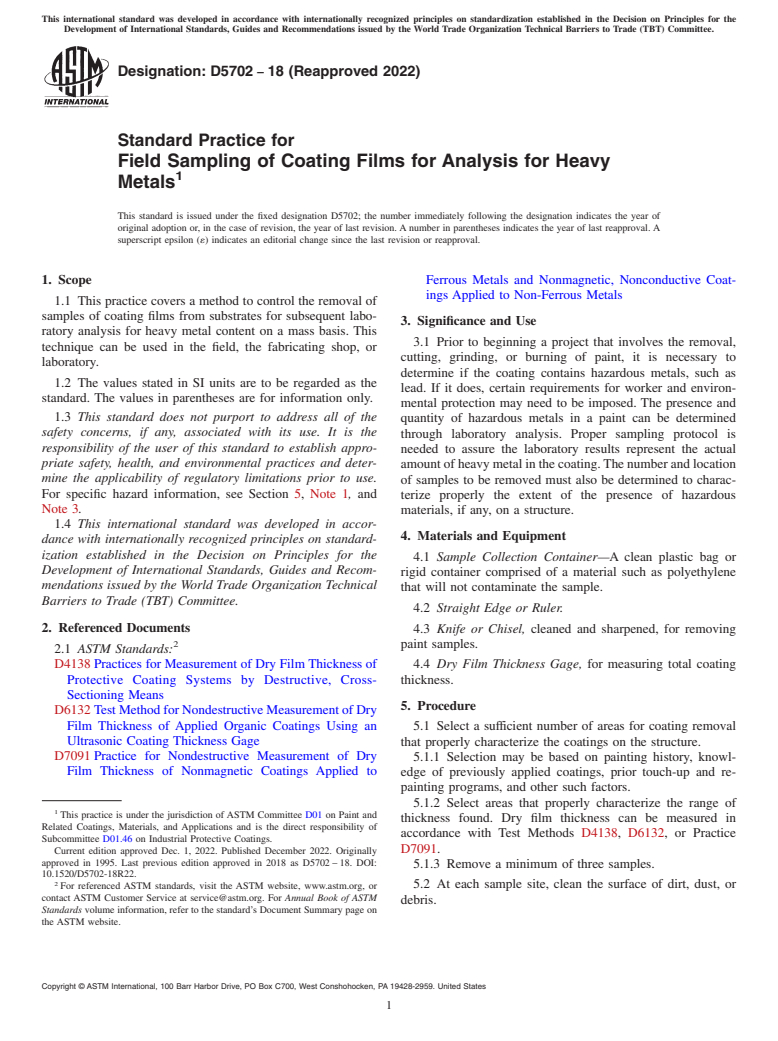 ASTM D5702-18(2022) - Standard Practice for Field Sampling of Coating Films for Analysis for Heavy Metals