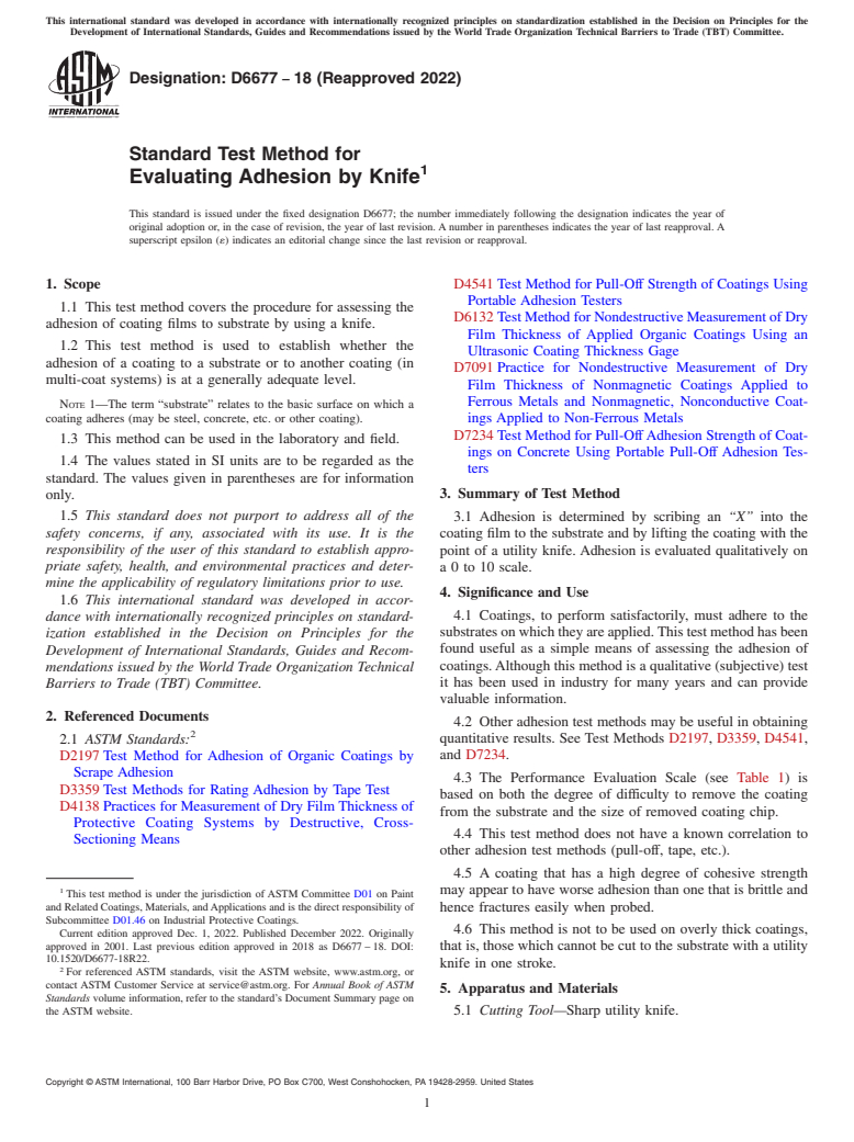 ASTM D6677-18(2022) - Standard Test Method for Evaluating Adhesion by Knife