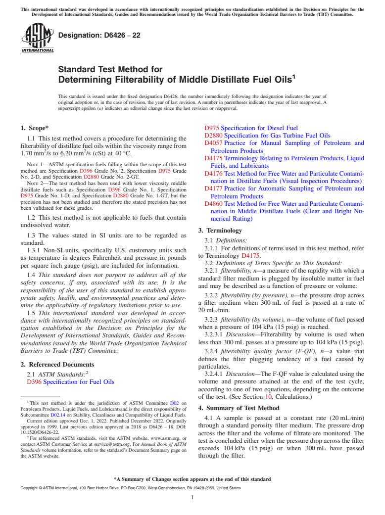ASTM D6426-22 - Standard Test Method for  Determining Filterability of Middle Distillate Fuel Oils
