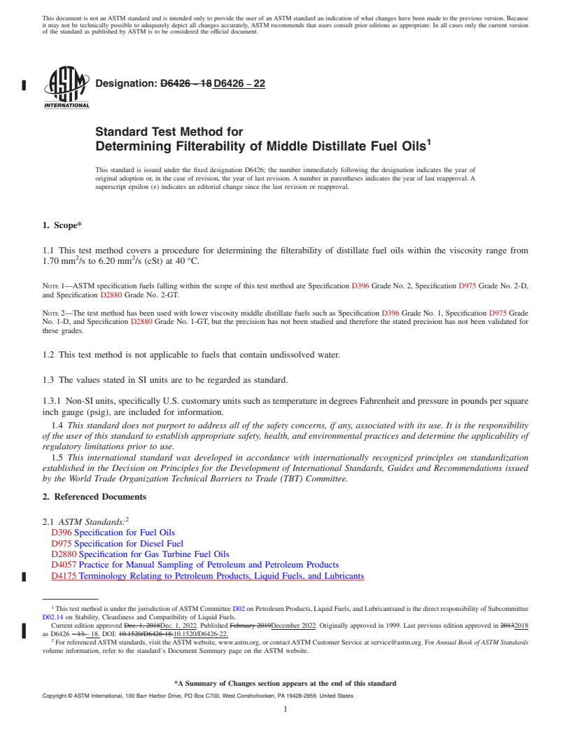 REDLINE ASTM D6426-22 - Standard Test Method for  Determining Filterability of Middle Distillate Fuel Oils