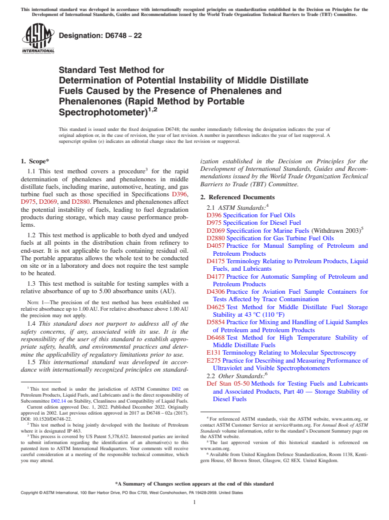 ASTM D6748-22 - Standard Test Method for  Determination of Potential Instability of Middle Distillate   Fuels Caused by the Presence of Phenalenes and Phenalenones (Rapid  Method by Portable Spectrophotometer)