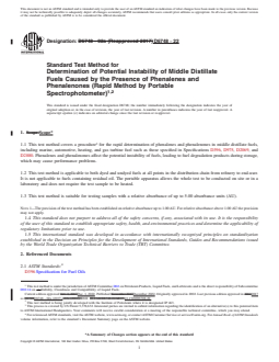 ASTM D6748-22 REDLINE ASTM D6748-22 - Standard Test Method for Determination of Potential Instability of Middle Distillate Fuels Caused by the Presence of Phenalenes and Phenalenones (Rapid Method by Portable Spectrophotometer) - Page 1 preview