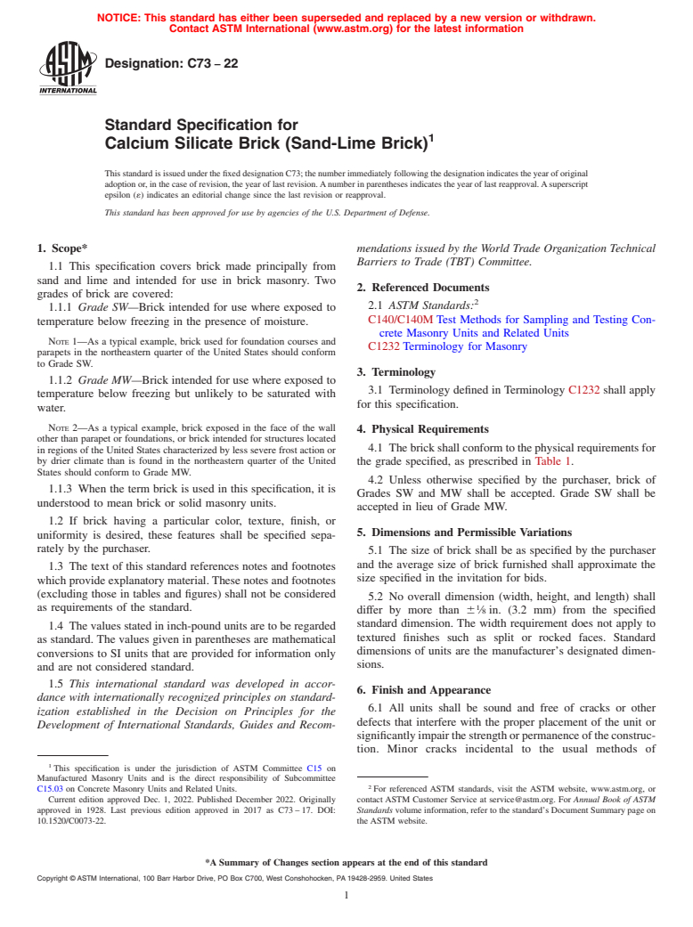 ASTM C73-22 - Standard Specification for  Calcium Silicate Brick (Sand-Lime Brick)