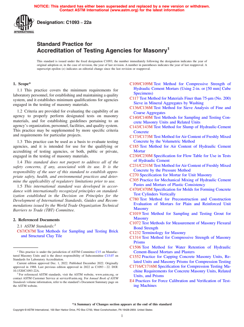 ASTM C1093-22a - Standard Practice for Accreditation of Testing Agencies for Masonry