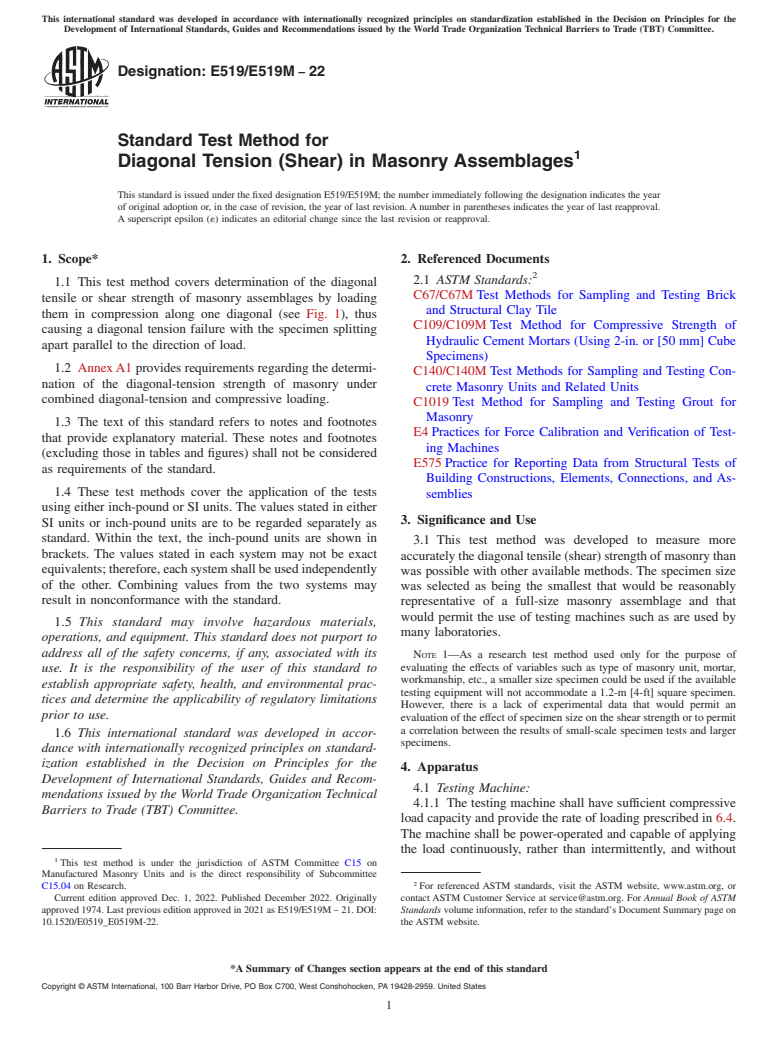 ASTM E519/E519M-22 - Standard Test Method for Diagonal Tension (Shear) in Masonry Assemblages