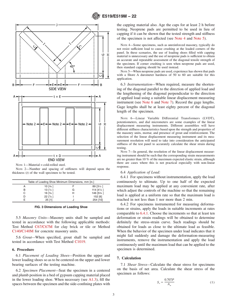 ASTM E519/E519M-22 - Standard Test Method for Diagonal Tension (Shear) in Masonry Assemblages
