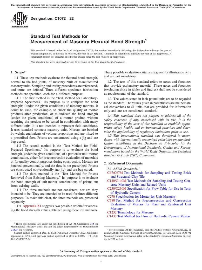ASTM C1072-22 - Standard Test Methods for Measurement of Masonry Flexural Bond Strength