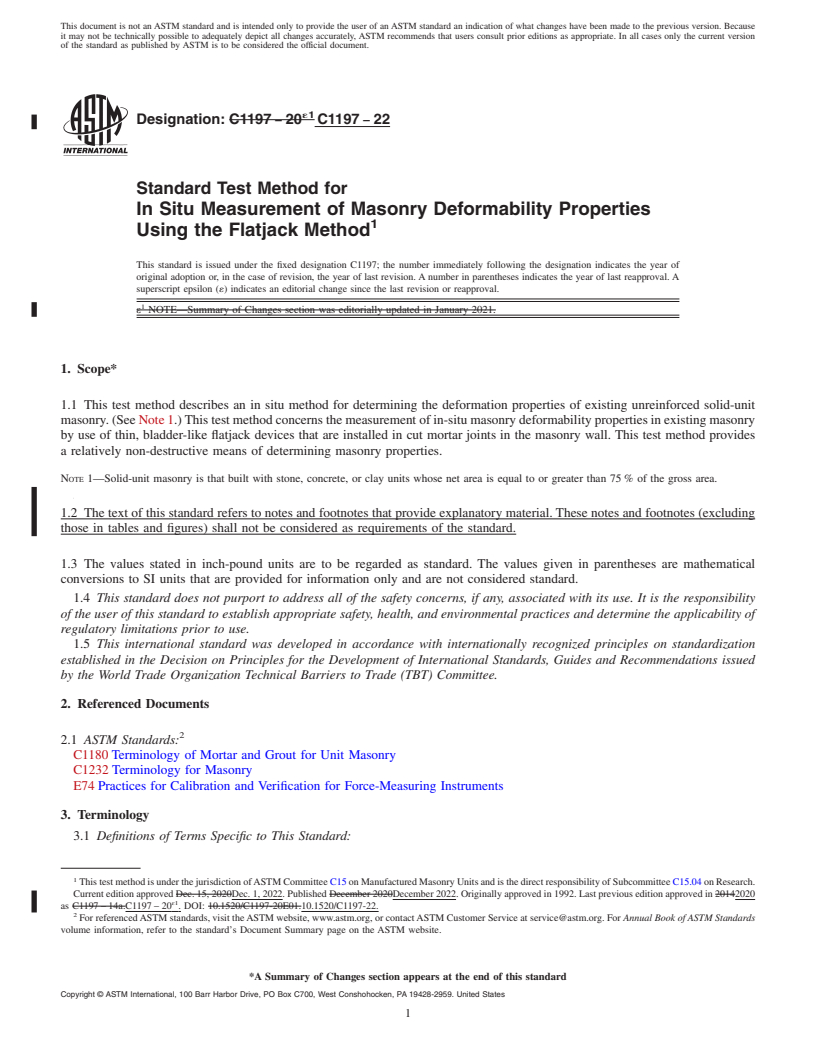 REDLINE ASTM C1197-22 - Standard Test Method for  In Situ Measurement of Masonry Deformability Properties Using  the Flatjack Method