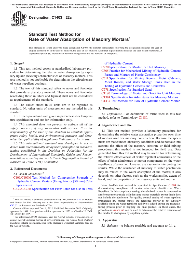 ASTM C1403-22a - Standard Test Method for  Rate of Water Absorption of Masonry Mortars