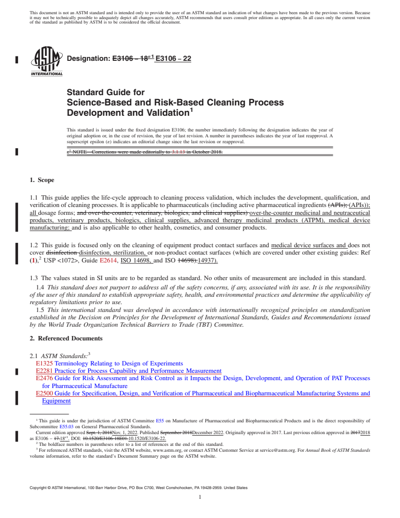 REDLINE ASTM E3106-22 - Standard Guide for Science-Based and Risk-Based Cleaning Process Development and  Validation