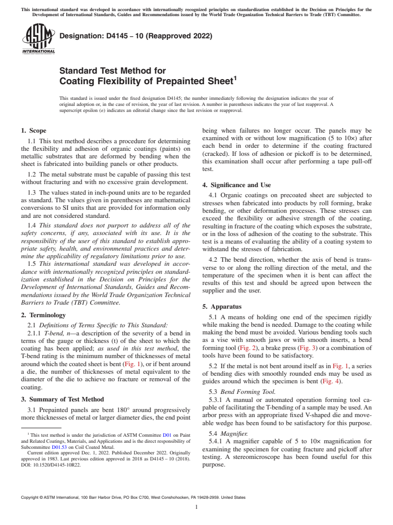 ASTM D4145-10(2022) - Standard Test Method for Coating Flexibility of Prepainted Sheet