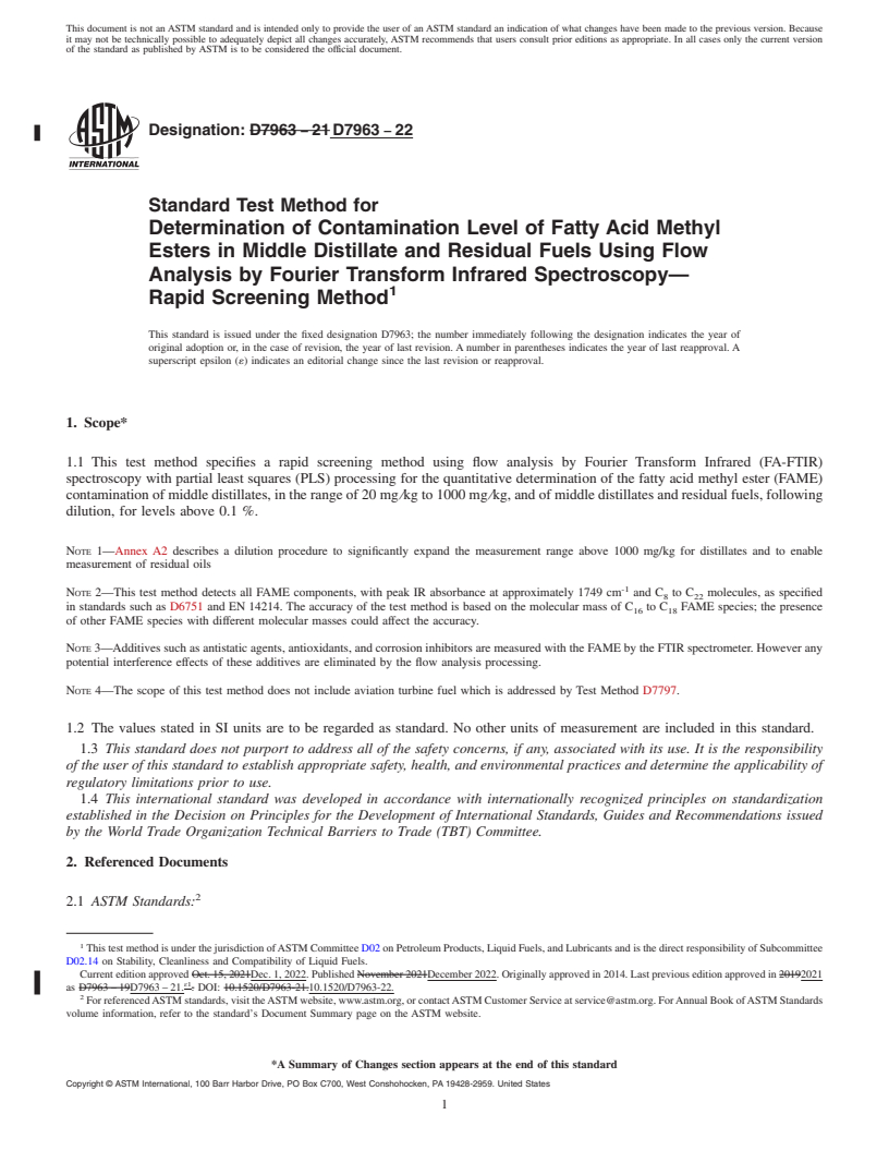 REDLINE ASTM D7963-22 - Standard Test Method for Determination of Contamination Level of Fatty Acid Methyl Esters  in Middle Distillate and Residual Fuels Using Flow Analysis by Fourier  Transform Infrared Spectroscopy—Rapid Screening Method