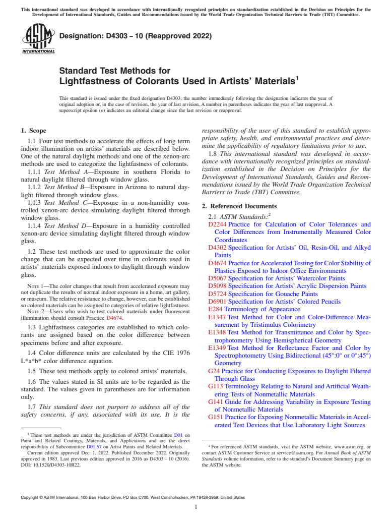 ASTM D4303-10(2022) - Standard Test Methods for Lightfastness of Colorants Used in Artists' Materials