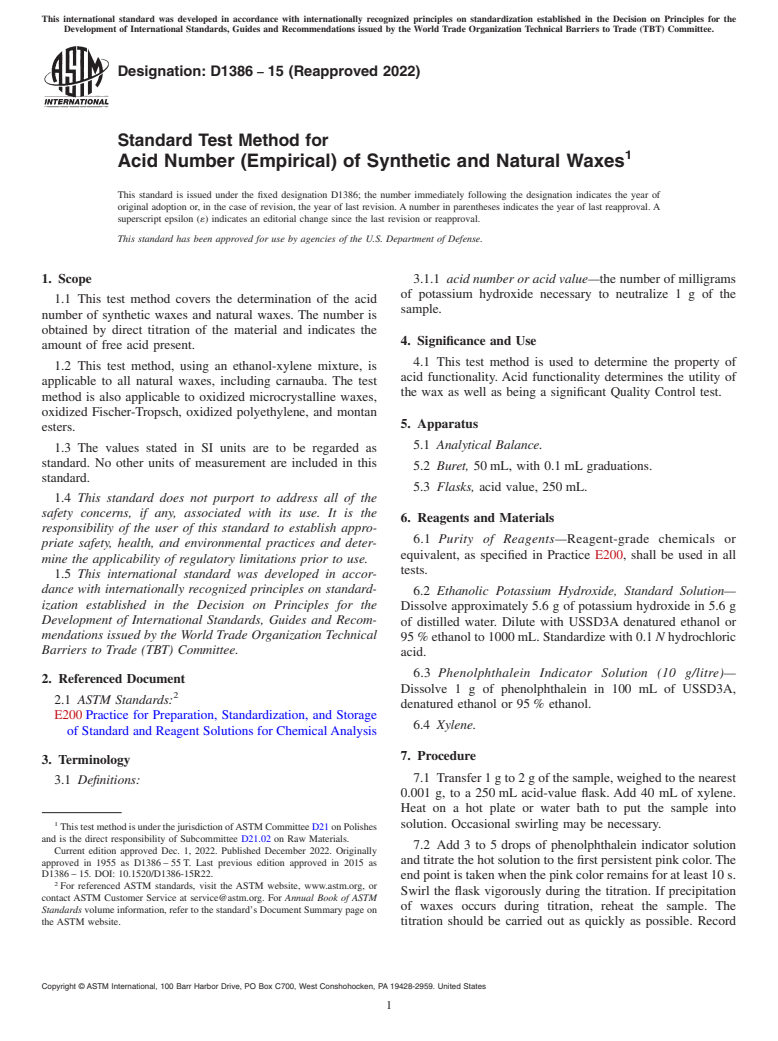 ASTM D1386-15(2022) - Standard Test Method for  Acid Number (Empirical) of Synthetic and Natural Waxes