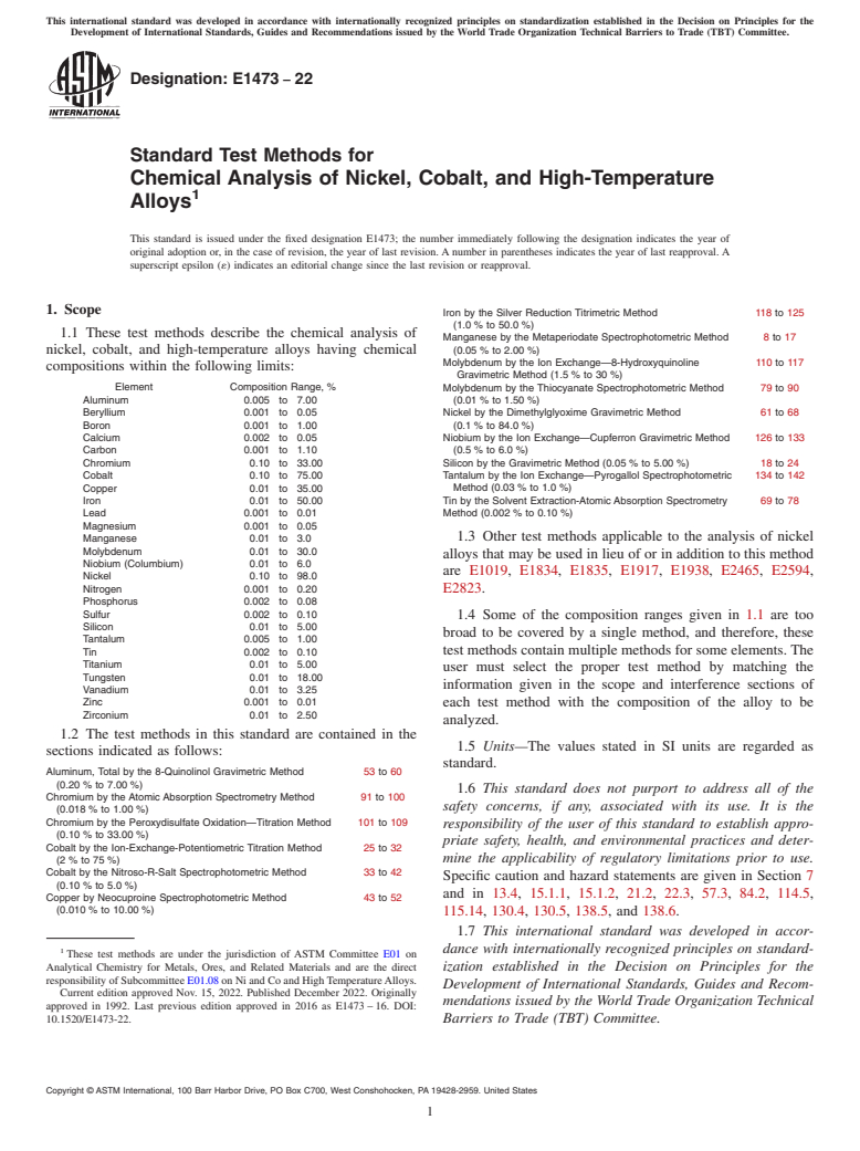 ASTM E1473-22 - Standard Test Methods for  Chemical Analysis of Nickel, Cobalt, and High-Temperature Alloys