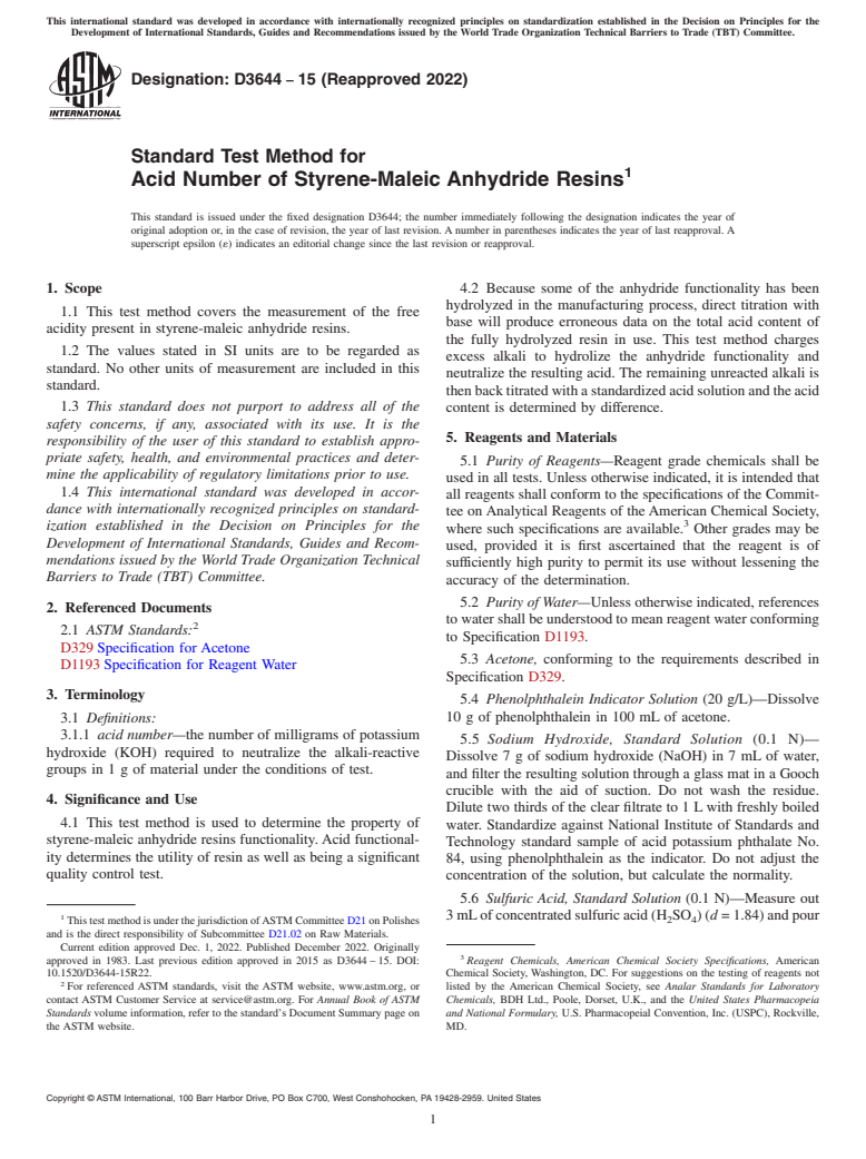 ASTM D3644-15(2022) - Standard Test Method for  Acid Number of Styrene-Maleic Anhydride Resins