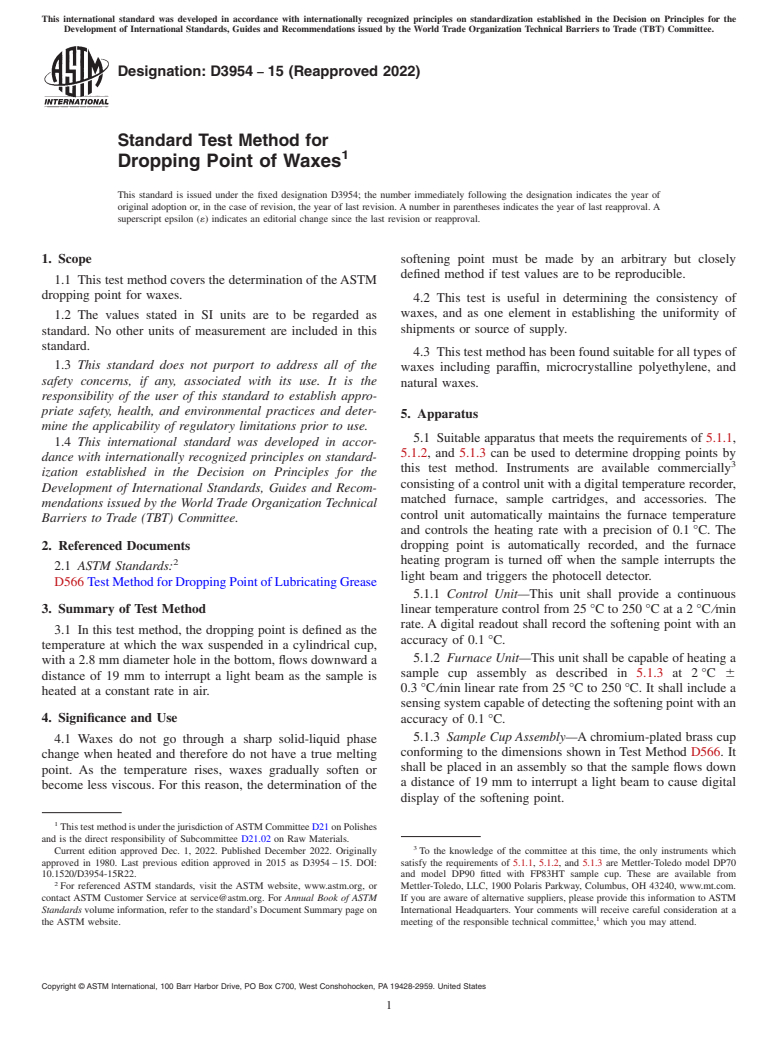 ASTM D3954-15(2022) - Standard Test Method for  Dropping Point of Waxes