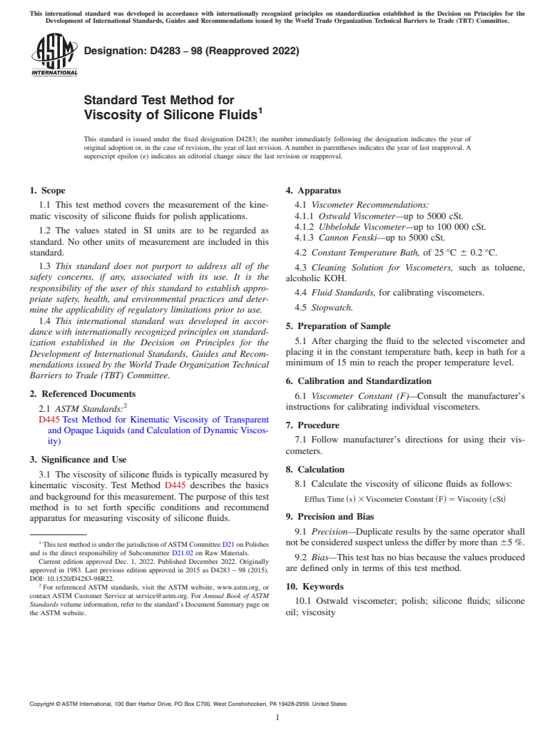 ASTM D4283-98(2022) - Standard Test Method for  Viscosity of Silicone Fluids