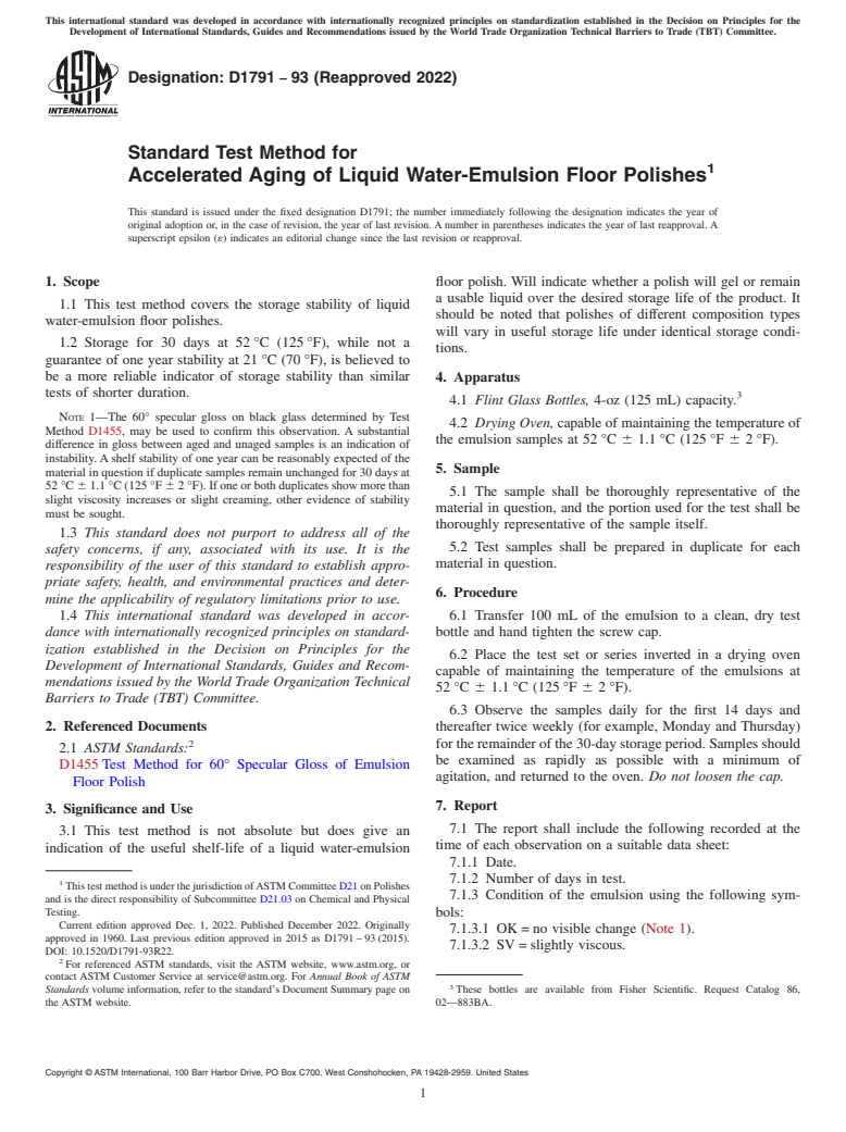 ASTM D1791-93(2022) - Standard Test Method for  Accelerated Aging of Liquid Water-Emulsion Floor Polishes