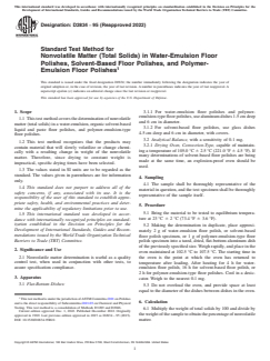 ASTM D2834-95(2022) ASTM D2834-95(2022) - Standard Test Method for Nonvolatile Matter (Total Solids) in Water-Emulsion Floor Polishes, Solvent-Based Floor Polishes, and Polymer-Emulsion Floor Polishes - Page 1 preview