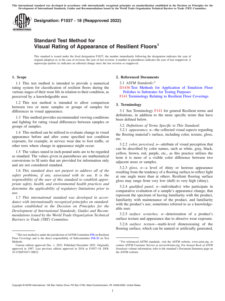 ASTM F1037-18(2022) - Standard Test Method for Visual Rating of Appearance of Resilient Floors