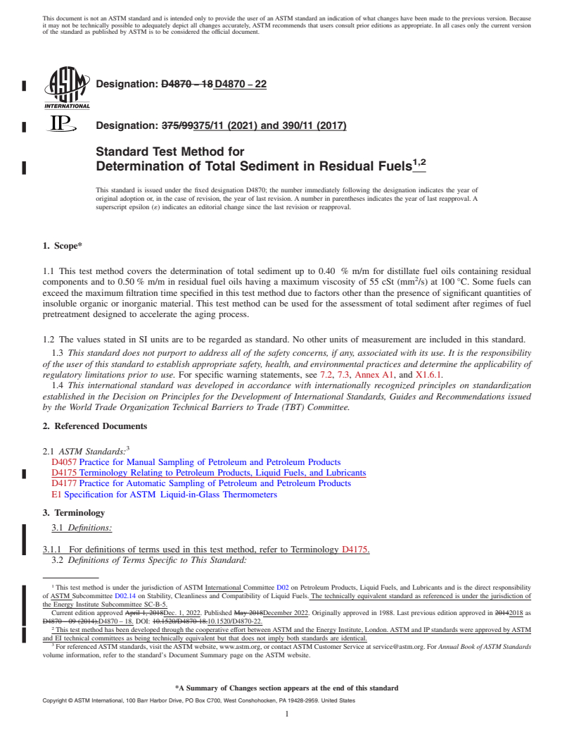 REDLINE ASTM D4870-22 - Standard Test Method for  Determination of Total Sediment in Residual Fuels