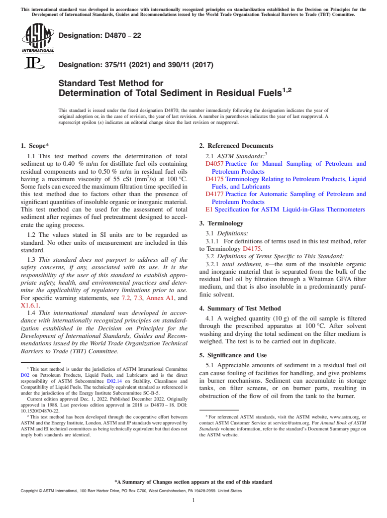 ASTM D4870-22 - Standard Test Method for  Determination of Total Sediment in Residual Fuels