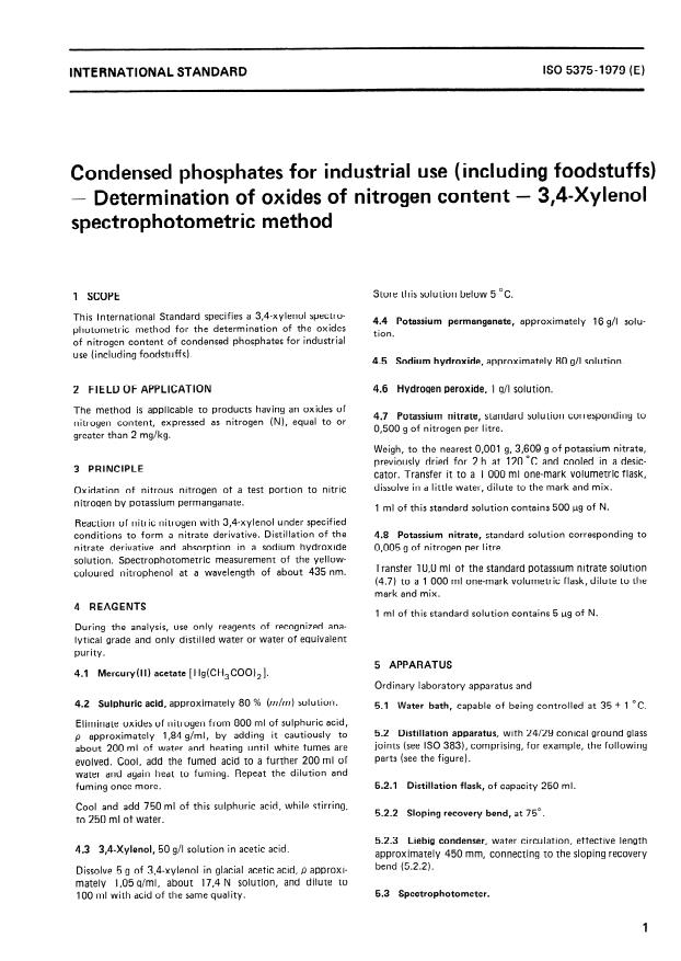 ISO 5375:1979 - Condensed phosphates for industrial use (including foodstuffs) -- Determination of oxides of nitrogen content -- 3,4- Xylenol spectrophotometric method