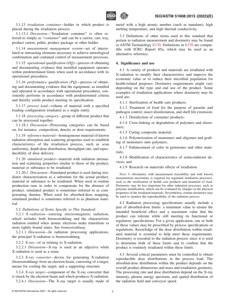 ASTM ISO/ASTM51608-15(2022) - Standard Practice for  Dosimetry in an X-Ray (Bremsstrahlung) Facility for Radiation  Processing at Energies between 50 keV and 7.5 MeV