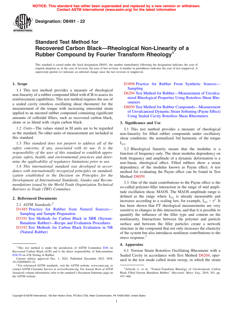 ASTM D8491-22 - Standard Test Method for Recovered Carbon Black—Rheological Non-Linearity of  a Rubber Compound by Fourier Transform Rheology