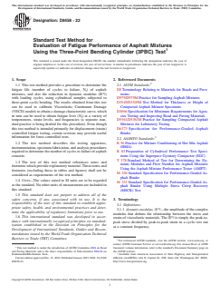 ASTM D8458-22 ASTM D8458-22 - Standard Test Method for Evaluation of Fatigue Performance of Asphalt Mixtures Using the Three-Point Bending Cylinder (3PBC) Test - Page 1 preview