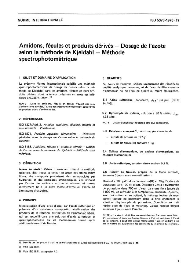 ISO 5378:1978 - Amidons, fécules et produits dérivés -- Dosage de l'azote selon la méthode de Kjeldahl -- Méthode spectrophotométrique