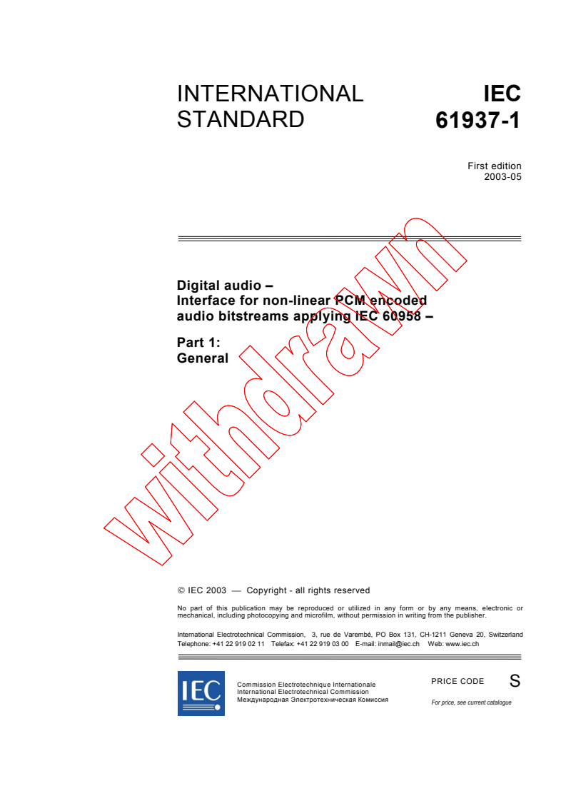 IEC 61937-1:2003 - Digital audio - Interface for non-linear PCM encoded audio bitstreams applying IEC 60958 - Part 1: General
Released:5/19/2003
Isbn:2831869900
