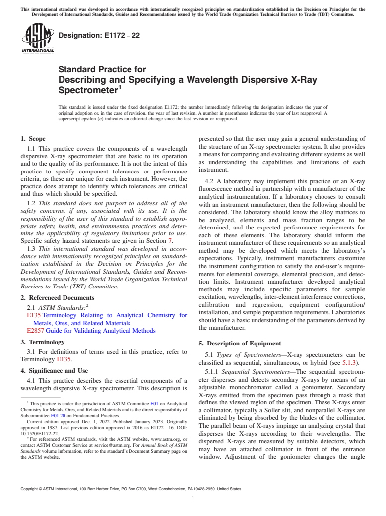 ASTM E1172-22 - Standard Practice for  Describing and Specifying a Wavelength Dispersive X-Ray Spectrometer