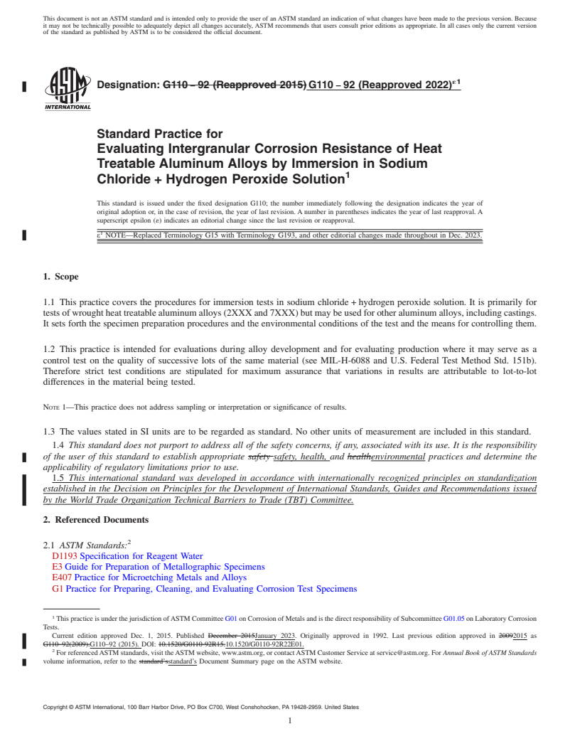 REDLINE ASTM G110-92(2022)e1 - Standard Practice for Evaluating Intergranular Corrosion Resistance of Heat Treatable Aluminum Alloys by Immersion in Sodium Chloride + Hydrogen Peroxide Solution