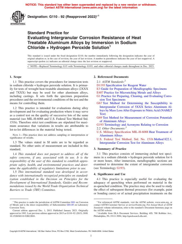 ASTM G110-92(2022)e1 - Standard Practice for Evaluating Intergranular Corrosion Resistance of Heat Treatable Aluminum Alloys by Immersion in Sodium Chloride + Hydrogen Peroxide Solution