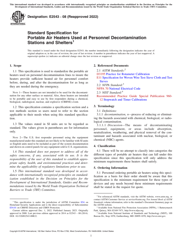 ASTM E2543-08(2022) - Standard Specification for  Portable Air Heaters Used at Personnel Decontamination Stations  and Shelters