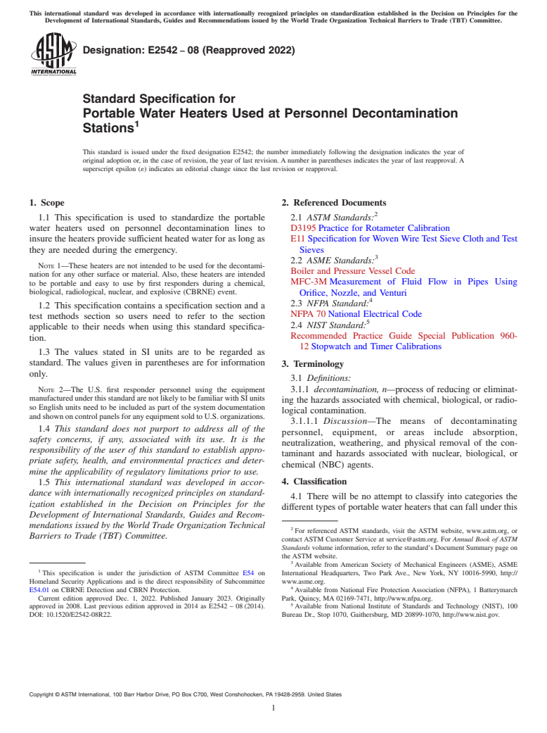 ASTM E2542-08(2022) - Standard Specification for  Portable Water Heaters Used at Personnel Decontamination Stations