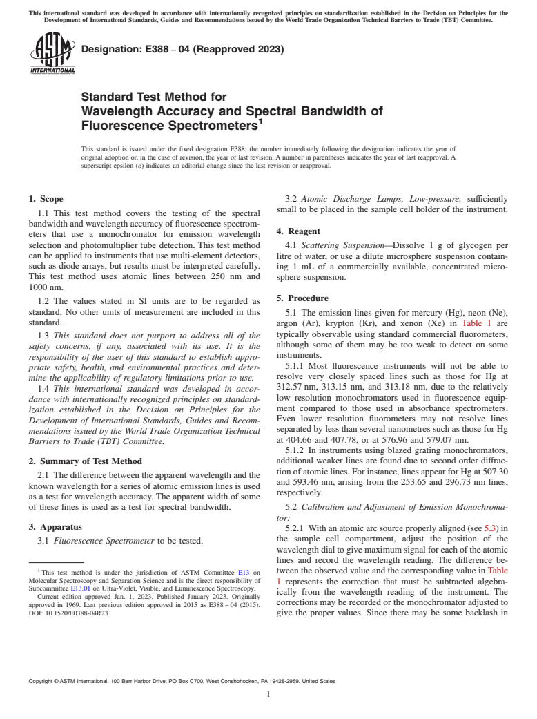 ASTM E388-04(2023) - Standard Test Method for Wavelength Accuracy and Spectral Bandwidth of Fluorescence  Spectrometers